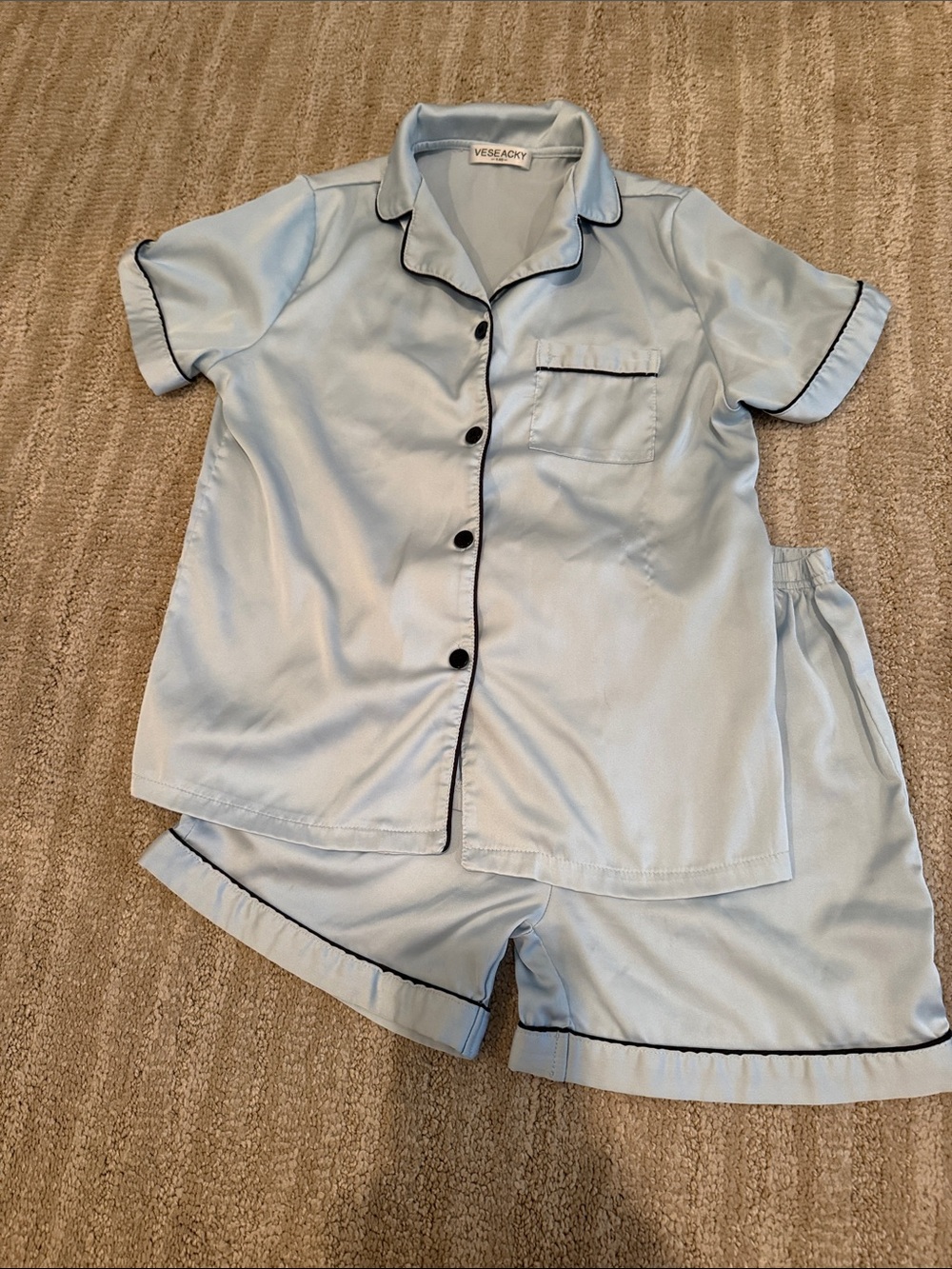 Light Blue Short Sleeve Kids Pajama Set with Black Piping